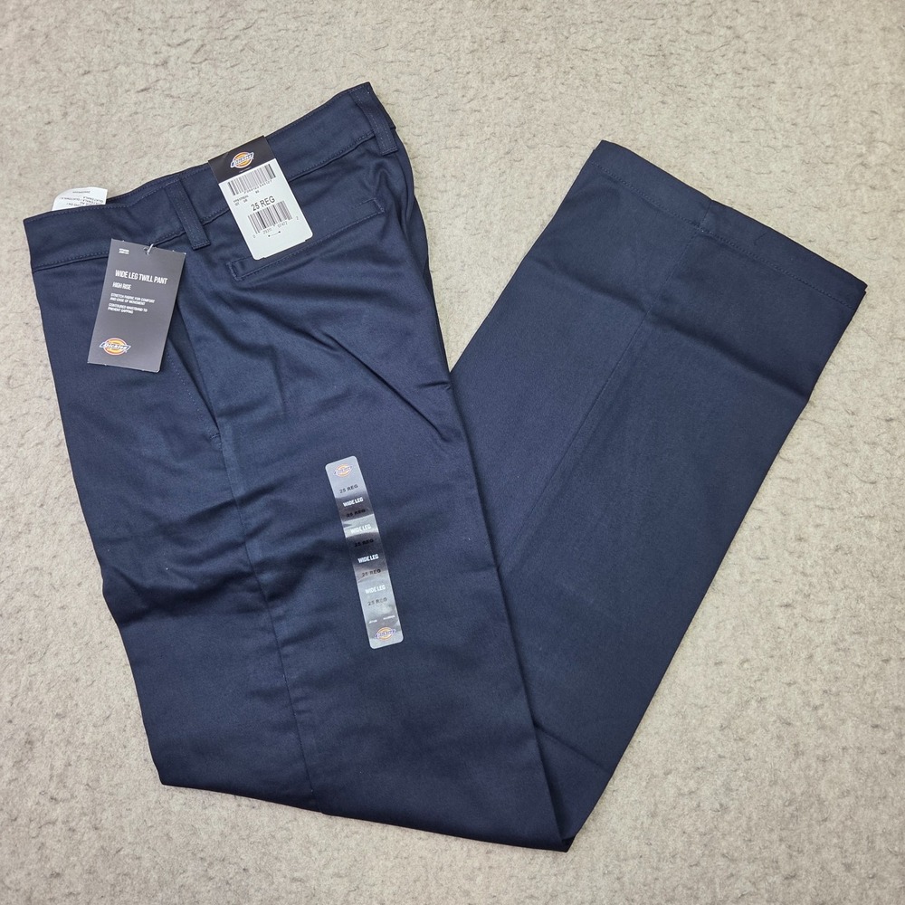 Dickies Wide Leg Twill Pants Womens 25R High Rise Blue Canvas Workwear NEW